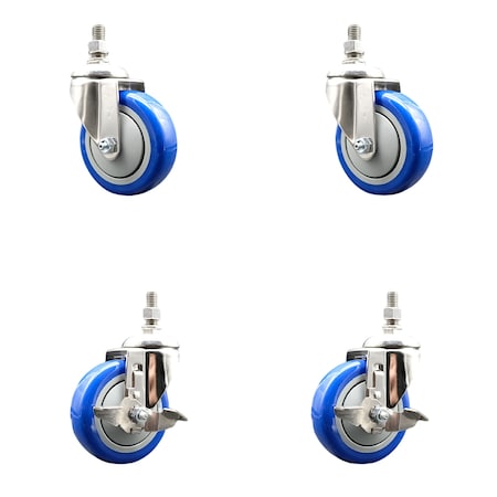 Service Caster 4 Inch 316SS Blue Polyurethane Swivel 1/2 Inch Threaded Stem Caster Brakes, 2PK SS316TS20S414-PPUB-BLUE-121315-2TLB2